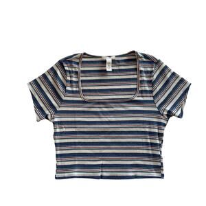 Full Tilt Women's XL Ribbed Striped Crop Top Square Neck T-Shirt New Multicolor